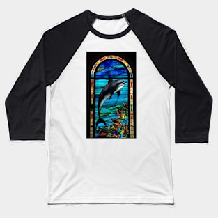 Stained Glass Style Design Grey Dolphin Baseball T-Shirt